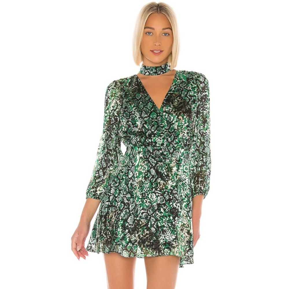 Alice + Olivia Green Rita Blouson Snake Skin Mini Cocktail Dress